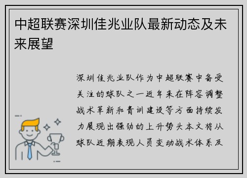 中超联赛深圳佳兆业队最新动态及未来展望